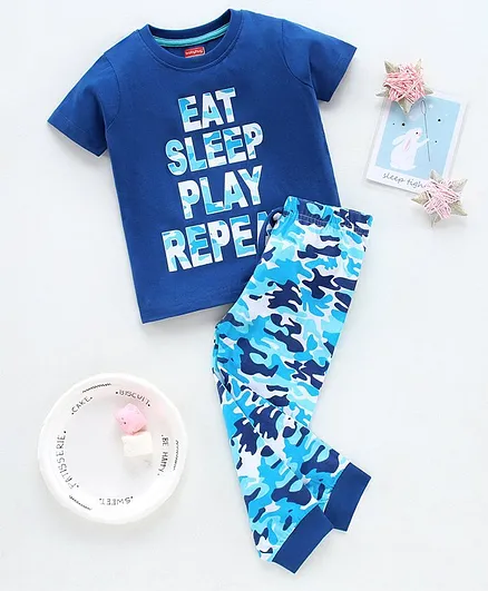 Babyhug Half Sleeves Bio Wash Night Suit Text Print - Blue