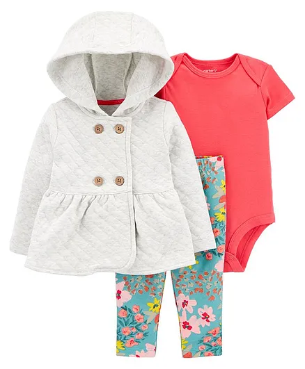 Carter's  3-Piece Quilted Cardigan Set - Red Grey