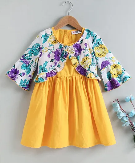 M'andy Three Fourth Sleeves Floral Print Shrug With Solid Dress - Yellow