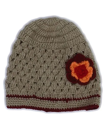 USHA ENTERPRISES Hand Knitted Flower Crochet Cap - Beige