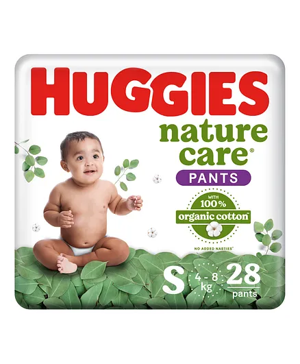 Huggies Nature Care Pants, Small Size (4-8 Kg) Premium Baby Diaper Pants, 28 Count, Made with 100% Organic Cotton
