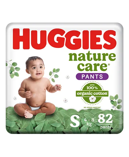Huggies Nature Care Pants, Small Size (4-8 Kg) Premium Baby Diaper Pants, 82 Count, Made with 100% Organic Cotton