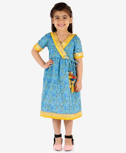 KID1 Half Sleeves Motif Print Gota Lace Long Dress - Blue