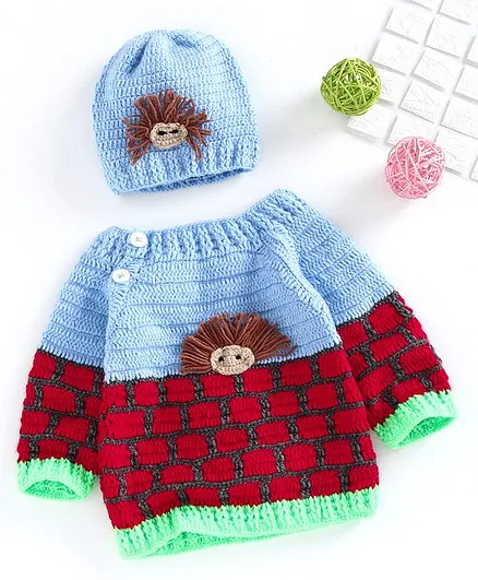 USHA ENTERPRISES Full Sleeves Cartoon Crochet Sweater With Cap - Multi Colour