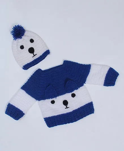 USHA ENTERPRISES Full Sleeves Dog Design Sweater & Cap - Blue