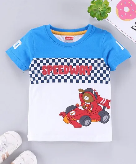 Babyhug Raglan Half Sleeves Biowashed Tee Speedway Print - Blue White
