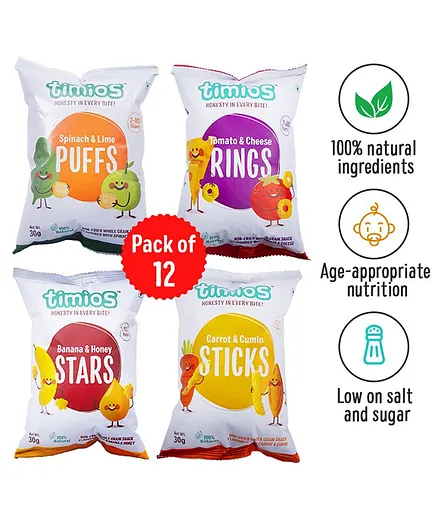 Timios Baked Healthy Preservative Free Kids Snacks Pack of 12 - 30 gm each