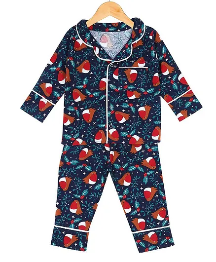 The Mom Store Bird Print Full Sleeves Night Suit - Navy