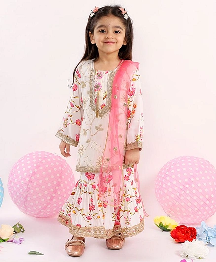 Little Bansi Full Sleeves Floral Print Kurta With Sharara & Dupatta - White
