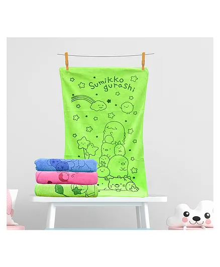The Little Lookers 100% Cotton Printed Towel Set of 3 - Green Pink Blue ( Print May Vary )