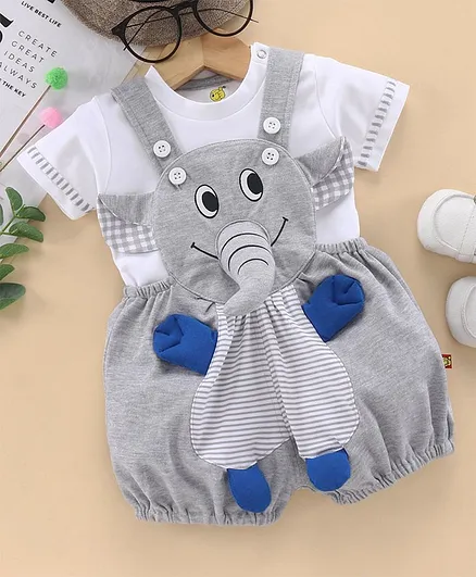 Wow Clothes Dungaree With Half Sleeves T-Shirt Elephant Design - Light Grey White