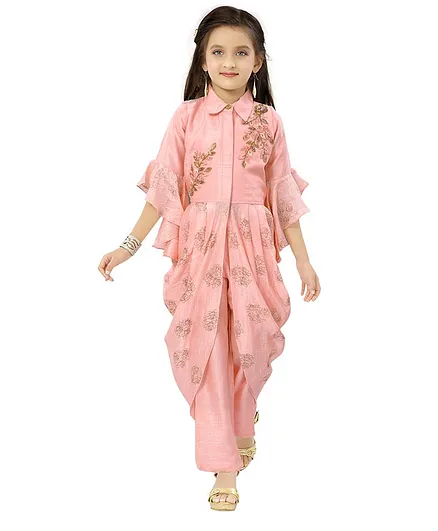 Joy-n-Jolly Three Fourth Sleeves Rose Embroidered Dhoti Style Long Top With Pants - Peach