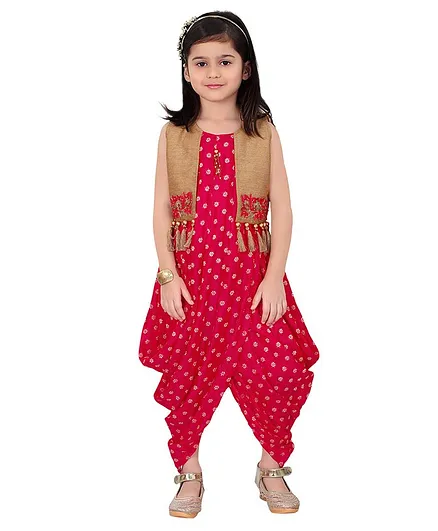 Joy-n-Jolly Sleeveless Floral Print Dhoti Style Jumpsuit With Tassel Detailing Jacket - Red