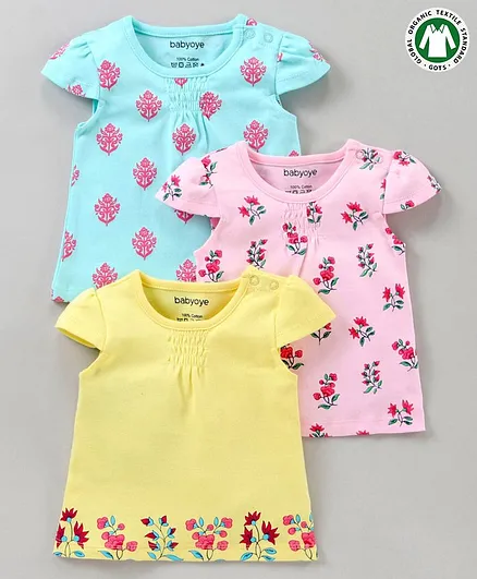 Babyoye Organic Cotton Cap Sleeves Tops Pack of 3 - Blue Pink Yellow