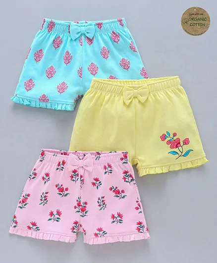 Babyoye Knee Length Shorts Floral Print Pack of 3 - Blue Yellow Pink