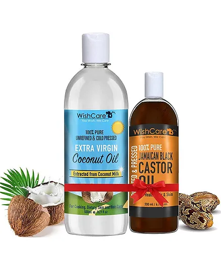 WishCare Premium Cold Pressed Extra-Virgin Coconut Oil & Jamaican Black Castor Oil Pack of 2 - 500 ml, 200 ml