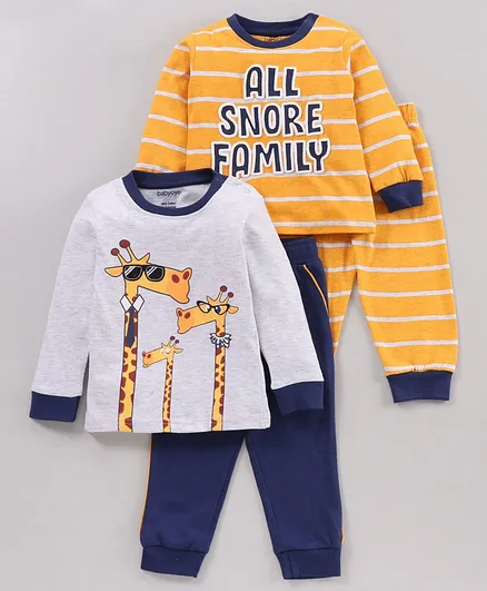 Babyoye Cotton Full Sleeves Night Suits Giraffe & Text Print Pack of 2 - Yellow Light Grey