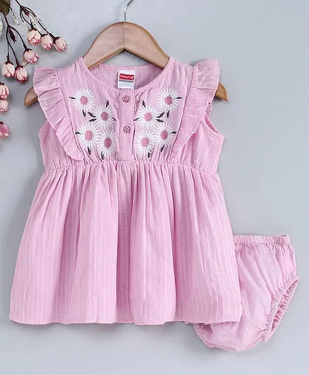 Babyhug Knee Length Frock with Bloomer Floral Embroidered - Pink
