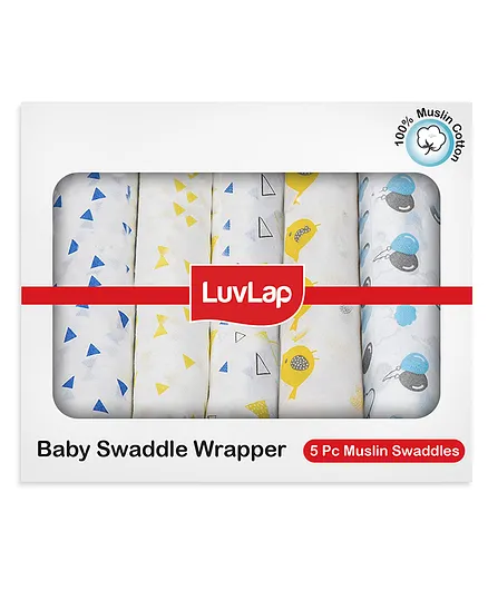 Luv Lap 100% Cotton Muslin Swaddles Pack Of 5 - Multicolor