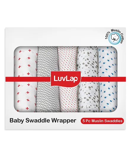 Luv Lap 100% Cotton Muslin Swaddles Pack Of 5 - Multicolor