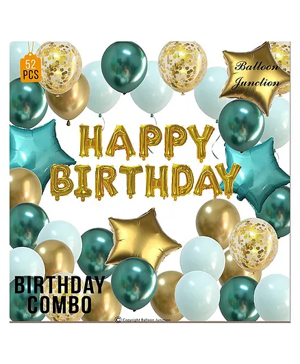 Balloon Junction Premium Birthday Decoration Kit Gold , Aqua & Green Balloons - Pack of 52