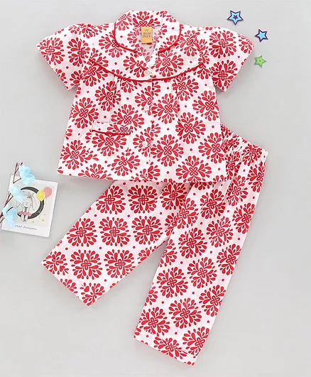 Yellow Duck Half Sleeves Night Suit Floral Print - Red