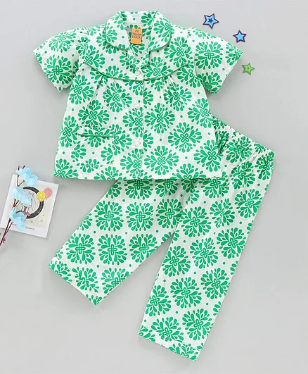 Yellow Duck Half Sleeves Night Suit Floral Print - Green