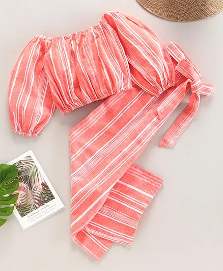 AND Girl Striped Half Sleeves Crop Top With Pants - Coral