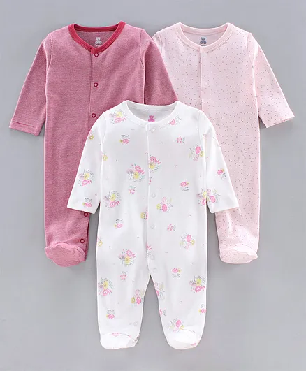 I Bears Full Sleeves Footed Sleepsuit Floral Print Pack of 3 - Pink White