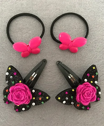 Kalacaree Set Of Butterfly Design Hair Clips With Rubber Bands - Pink & Black