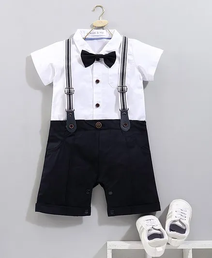 Mark & Mia Half Sleeves Rompers with Bow & Suspenders - White Black