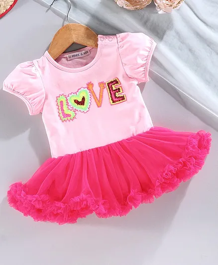 Mark & Mia Short Sleeves Frock Style Onesie Love Sequin Patch - Pink