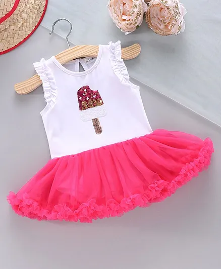 Mark & Mia Sleeveless Frock Style Onesie with Sequin Popsicle Patch - White Fuchsia