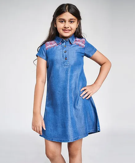 Global Desi Girl Geometric Design Short Sleeves Dress - Blue