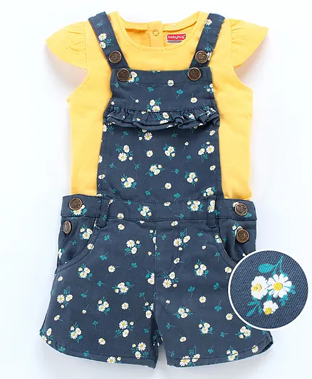 Babyhug Dungaree with Cap Sleeves Inner Tee Floral Print - Yellow