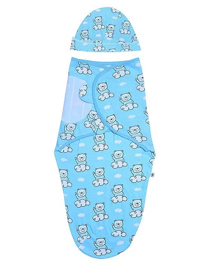 The Mom Store Swaddle Wrapper With Cap Bear Print - Blue