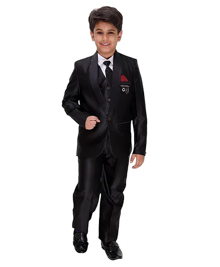 Fourfolds Full Sleeves 4 Piece Solid Party Suit With Tie - Black