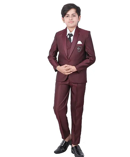 Fourfolds Full Sleeves 4 Piece Solid Party Suit With Tie - Maroon