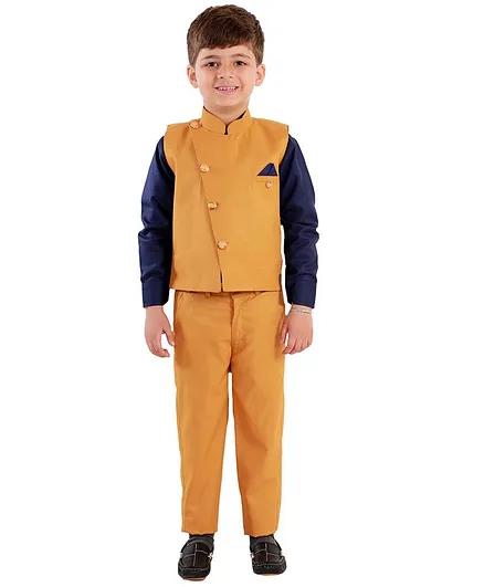 Fourfolds Solid Colour Full Sleeves Shirt With Waistcoat & Pants - Navy Blue & Yellow