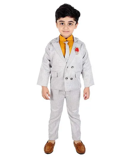 Fourfolds Checkered Full Sleeves Shirt With Tie Blazer & Pants - Yellow & Grey