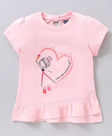 Pine Kids Short Sleeves Biowashed Top Heart Print - Pink