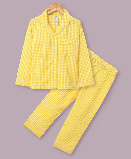 Little Carrot Full Sleeves Checked Night Suit - Yellow