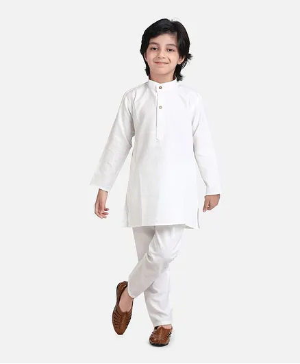 BownBee Stand Collar Full Sleeves Kurta & Pajama Set - White