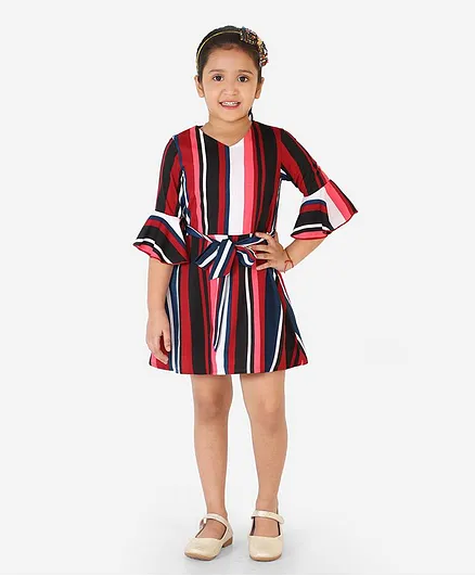 Naughty Ninos Three Fourth Sleeves Striped Dress - Multi Colour
