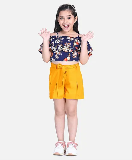 Naughty Ninos Half Sleeves Floral Print Cold Shoulder Top With Shorts - Blue & Yellow