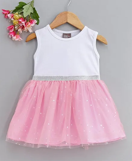 Play by Little Kangaroos Sleeveless Star Foil Print Frock - White Pink