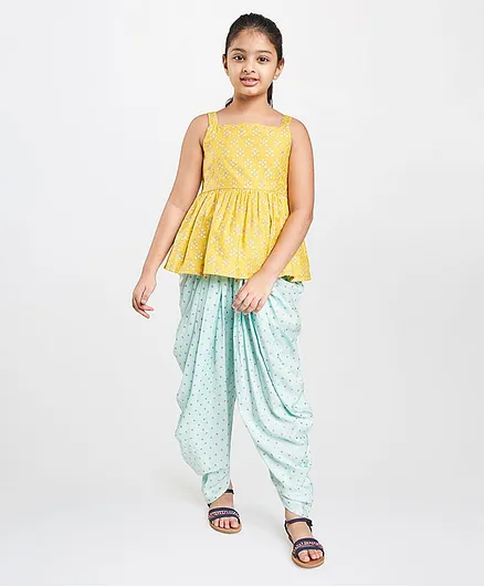Global Desi Girl Sleeveless Top With Printed Dhoti - Yellow