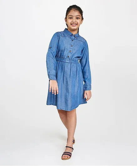 Global Desi Girl Solid Full Sleeves Denim Dress - Blue