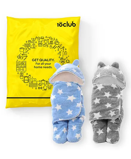 10Club Baby Sleeping Bag cum Blanket - Pack of 2 (Blue and Grey)  All-season Hooded Wrapper