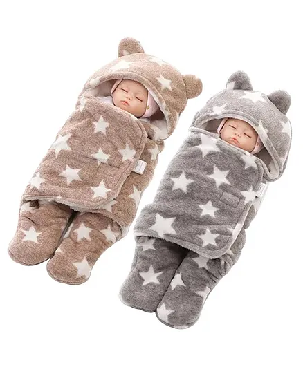 10Club Hooded & Wearable Baby Blanket & Sleeping Bag Pack of 2 All Season Star Print - Brown & Grey